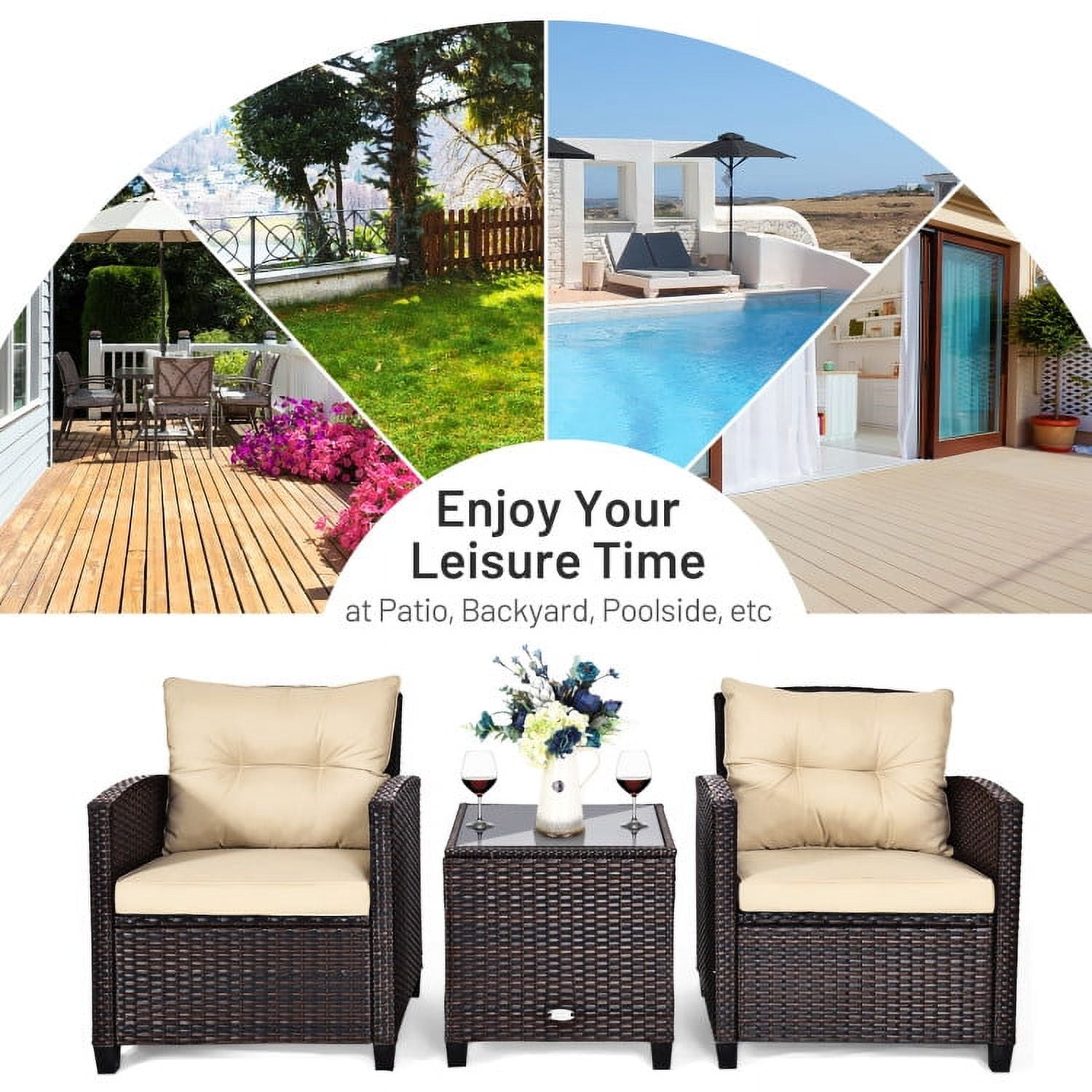 Aimee Lii 3 Pieces Wicker Patio Furniture Set, Coffee Table Cushioned Sofa, Modern Patio Furniture, Beige Aimee Lii 3 Pieces Wicker Patio Furniture Set, Coffee Table Cushioned Sofa, Modern Patio Furniture, Beige