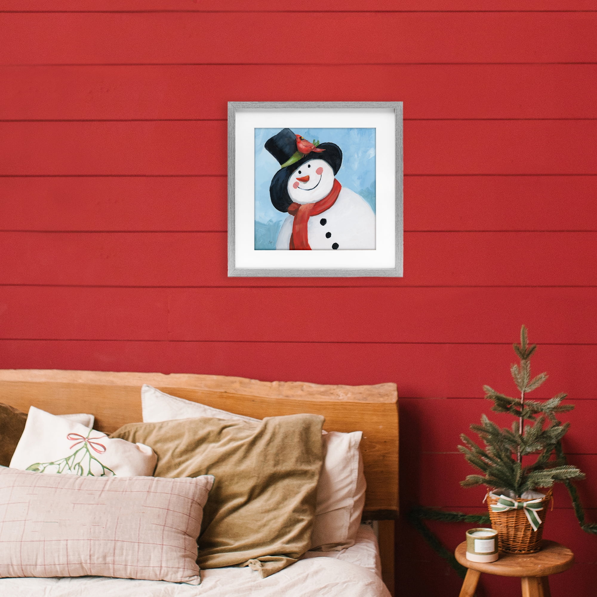 Stupell Industries Cheerful Snowman with Cardinal Gray Framed Print Under Glass, design by Nan