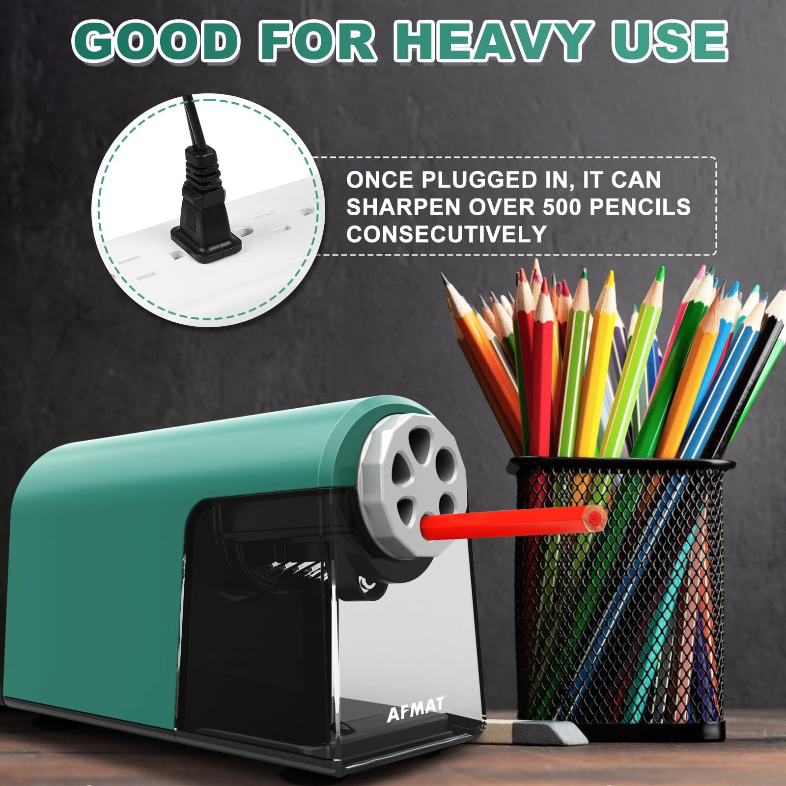 AFMAT Heavy Duty Electric Pencil Sharpener Green with Auto Stop 6 Holes for 6-11mm Pencils