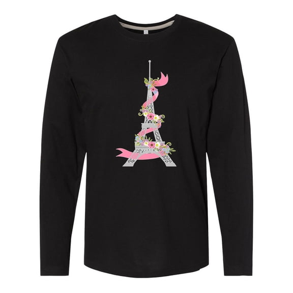 Inktastic Eiffel Tower in Paris with Flowers and Pink Banner Long Sleeve T-Shirt