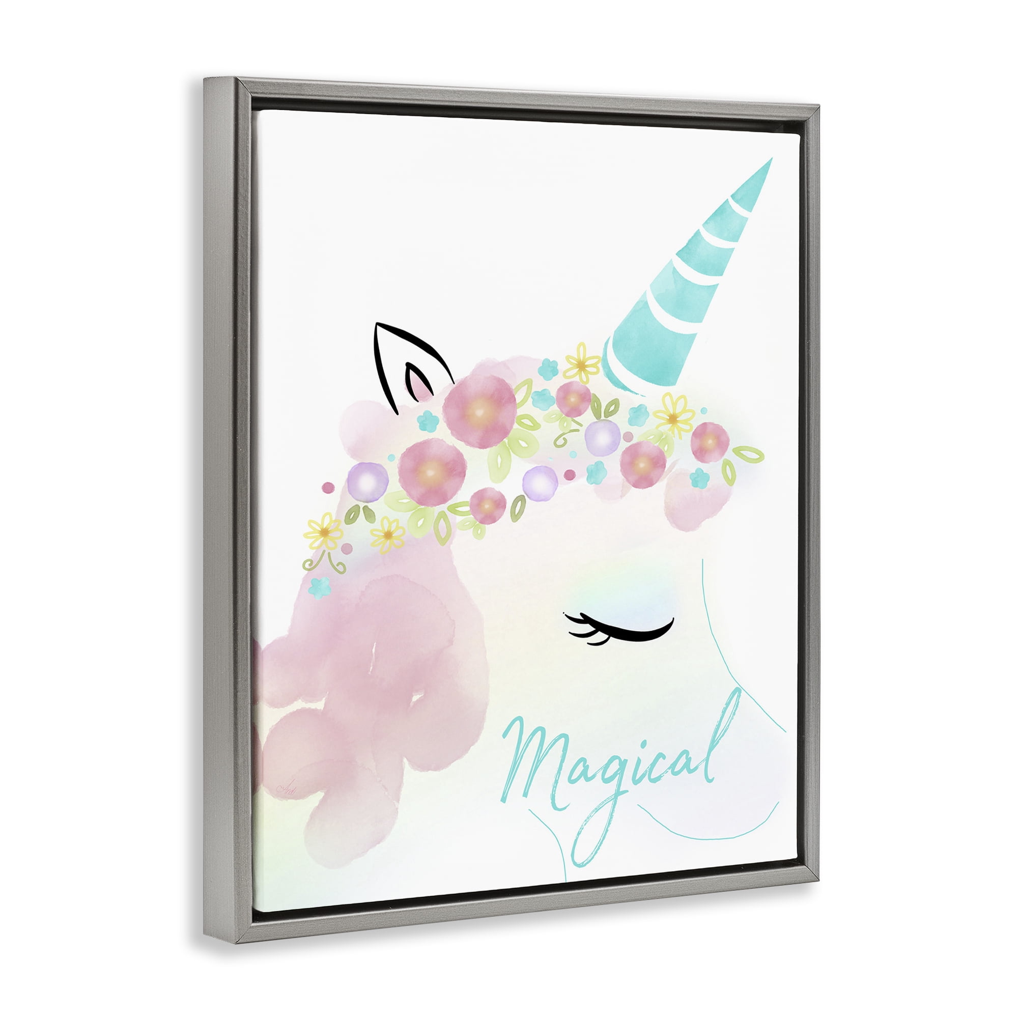 Stupell Industries Magical Floral Unicorn Fairy Tales & Fantasy Painting Gray Floater Framed Art Print Wall Art, 17 x 21