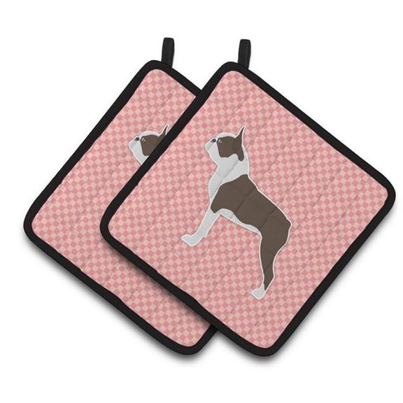 Boston Terrier Checkerboard Pink Pair of Pot Holders