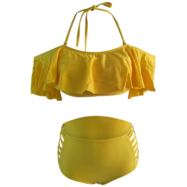 Pxiakgy bikini sets for women Large Size Split Swimsuit Bikini Split Swimsuit Off Shoulder Split Beach Bikini With Ruffled Edge swim suits for women Yellow + L