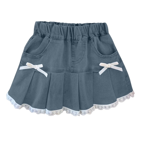 ZQUUVOU Girls Pleated Denim Skirt with Bow Summer Cute Lace Trim Elastic Waist with Pocket Short Skirt for Kids Blue