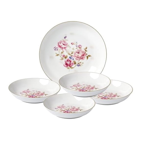 Lorren Home Trends 5 Piece Porcelain Pasta Set, 1 Serving Bowl and 4 Individual Bowls, Floral Design