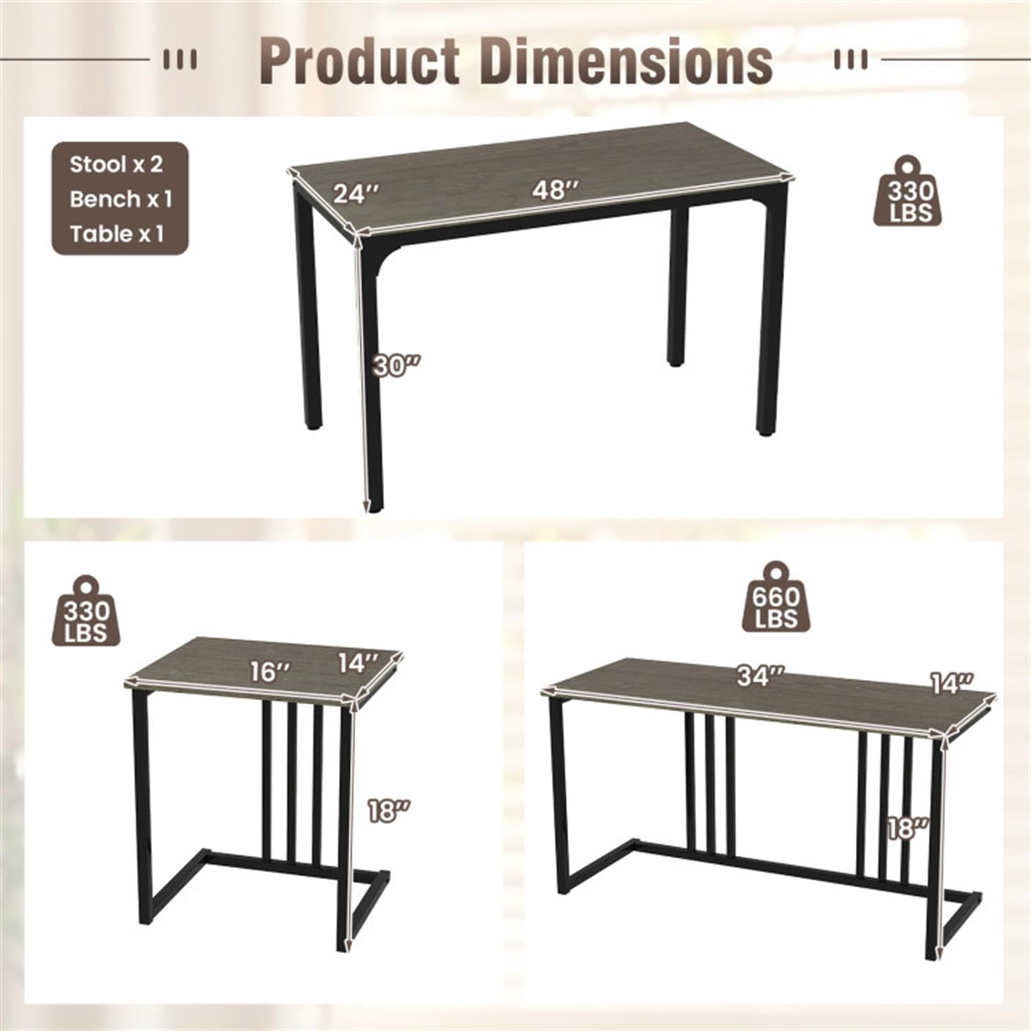 Demi Bonn 4-Piece Dining Table Set with Bench and 2 Stools, 47"dustrial Kitchen Table with Metal Frame, Perfect for Small Space, Gray