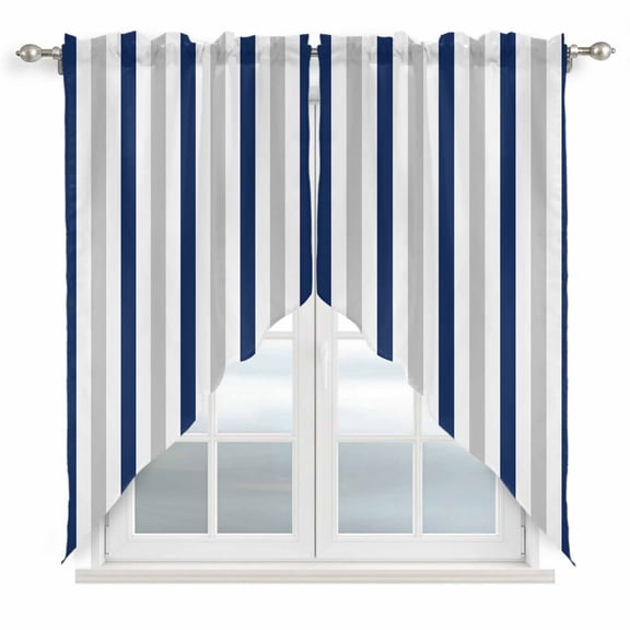 Swag Valance Curtains for Windows, Navy Blue Stripe Light Filtering Kitchen Curtains with Rod Pocket, Geometric Grey White Vertical Striped Window Treatment Valances for Living Room, 36x63 - 2 PCS