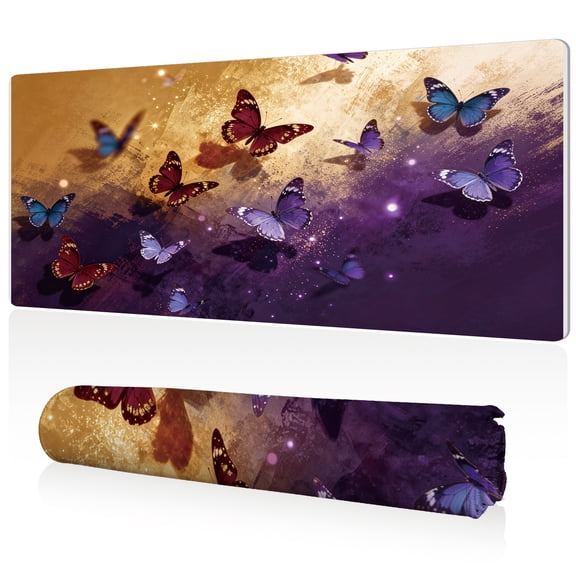 LIVEKEY Mouse Pad 80x40cm Extra Large Non Slip Stitched Edges Full Coverage Durable Easy Clean Purple Gold Butterflies with Sparkles Art for Gaming Office