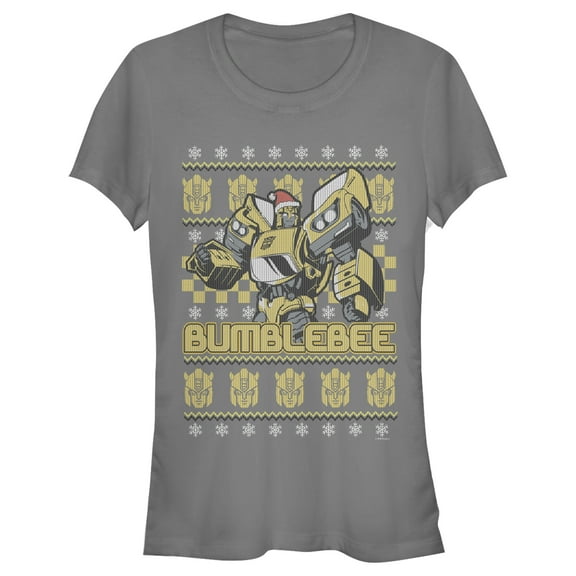 Junior's Transformers Bumblebee Ugly Xmas Graphic Tee Charcoal Small