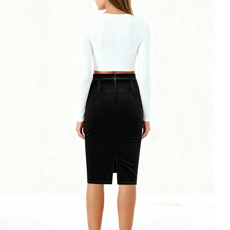 ZQUUVOU Velvet Pencil Skirt for Women Solid Color High Waist Back