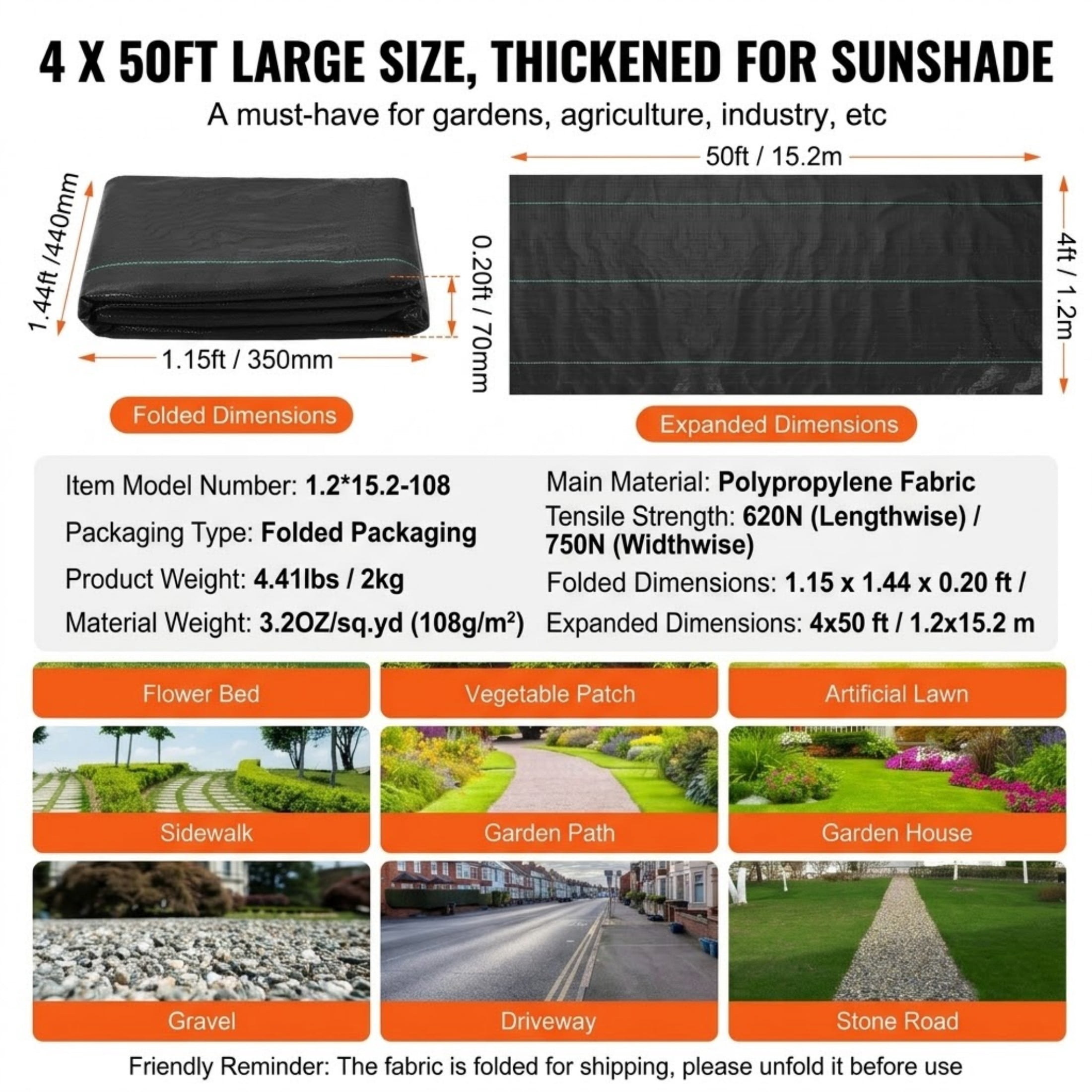 JUVOCT 4 x 50 Ft Weed Barrier Landscape Fabric, Heavy Duty Woven PP Weed Control Mat, Geotextile Ground Cover for Garden and Driveway