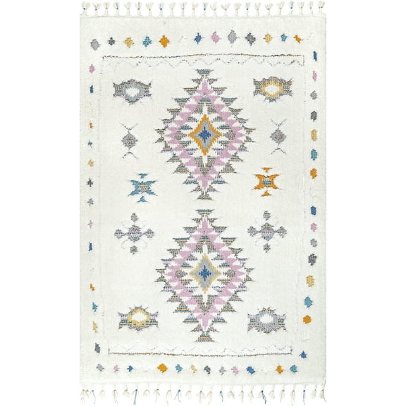 nuLOOM Jocelyn High-Low Textured Tribal Shag Tassel Accent Rug, 3' x 5', White