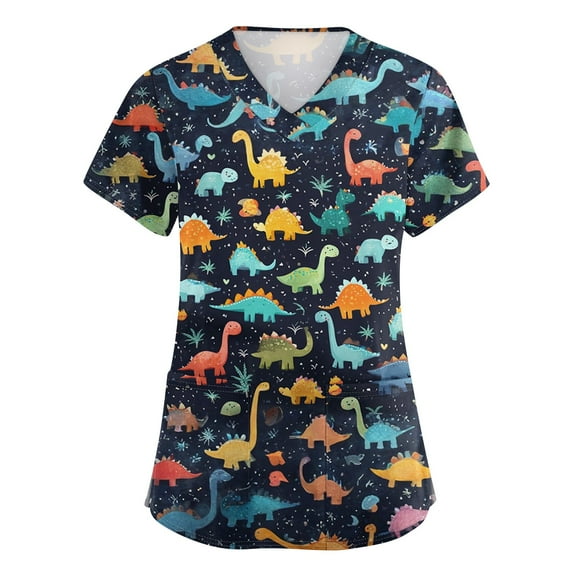 Scrubs For Women Tops, Cute Animal Printed Casual Short Sleeve V Neck Carer Working Uniform Nurse Shirts With Pockets Pewter Scrubs Ladies Tops Trendy 3/4 Tops Tank Tops (3XL, Blue) ZMTing