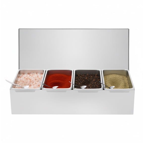 4 Slot Stainless Steel Condiment Carrier with Lid and Spoons,Pizza Topping Station with 4 Removable Compartments,Countertop Condiment Dispenser Organizer