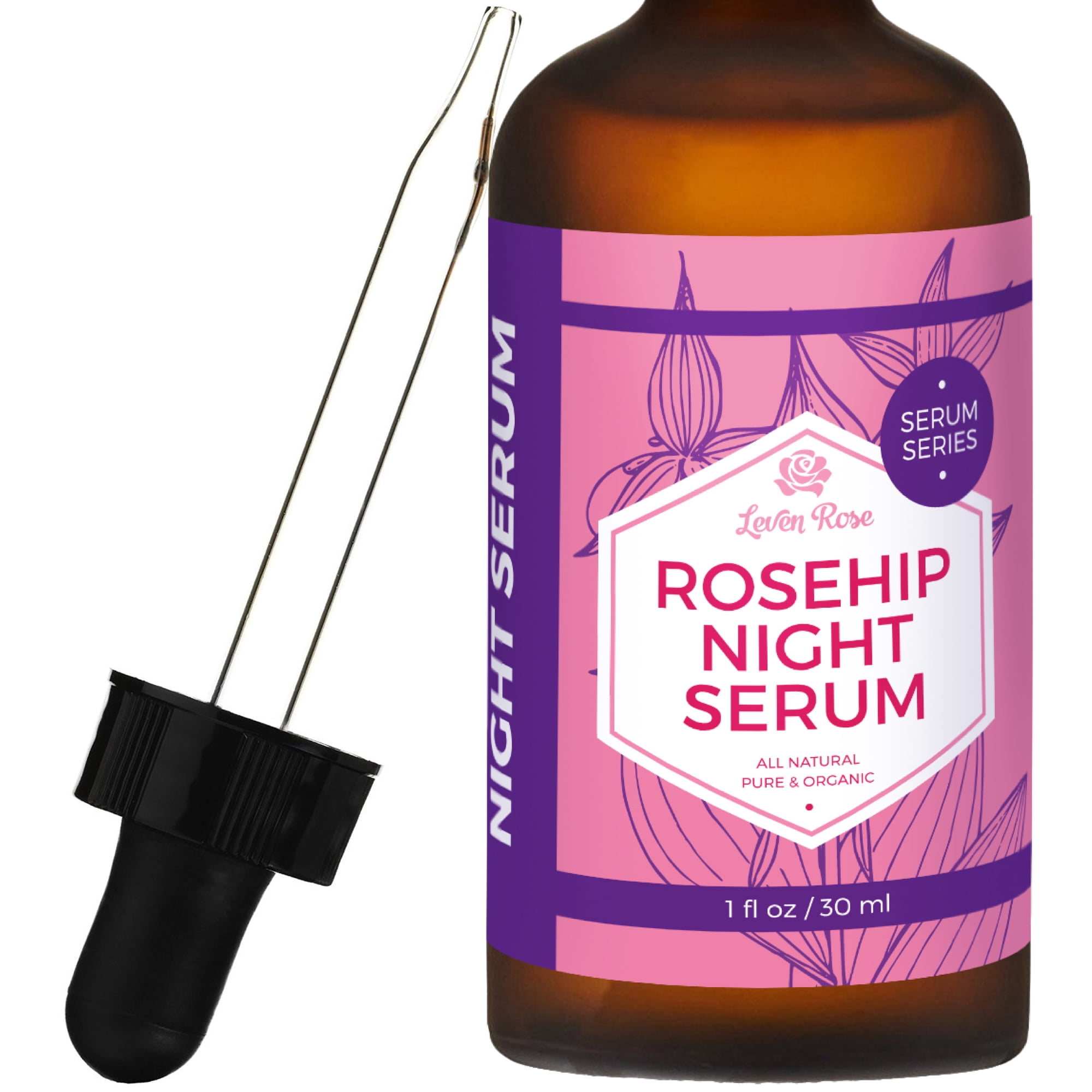 Rosehip Night Serum by Leven Rose - 100% Pure Organic Natural - Renews Skin Brightens Complexion Anti Inflammatory Anti Aging - 1 oz