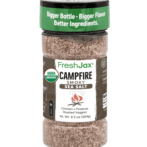 FreshJax Organic Campfire Smokey Sea Salt – 9.3 oz Large Bottle | Smoked Cherrywood Sea Salt with Chipotle Pepper | Gourmet Finishing Salt for Popcorn, Meats, Fish, Veggies & Grilling - Made in USA