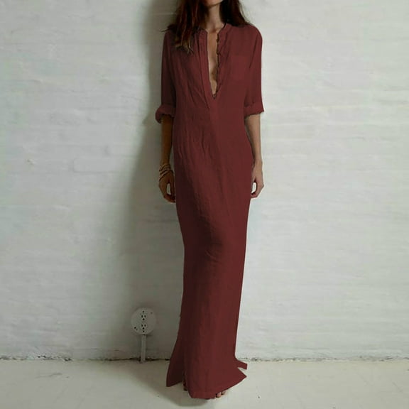 Sentmoon Slit Tshirt Dress Women Long Sleeve Fall Dresses for Women 2024 Casual Fashion Solid Color Maxi Dresses,OverSized Stylish A-line Dresses Wine S