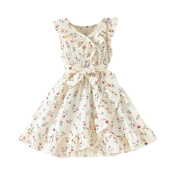 CUZIBR Girls Kids Summer Dress Solid Color Sleeveless Flutter Sleeves High Waist Bow Tie Belt Round Neck A-Line Party Casual Princess Dress Split Ruffled Tiered Comfy Sundress,Beige,4-5 Years