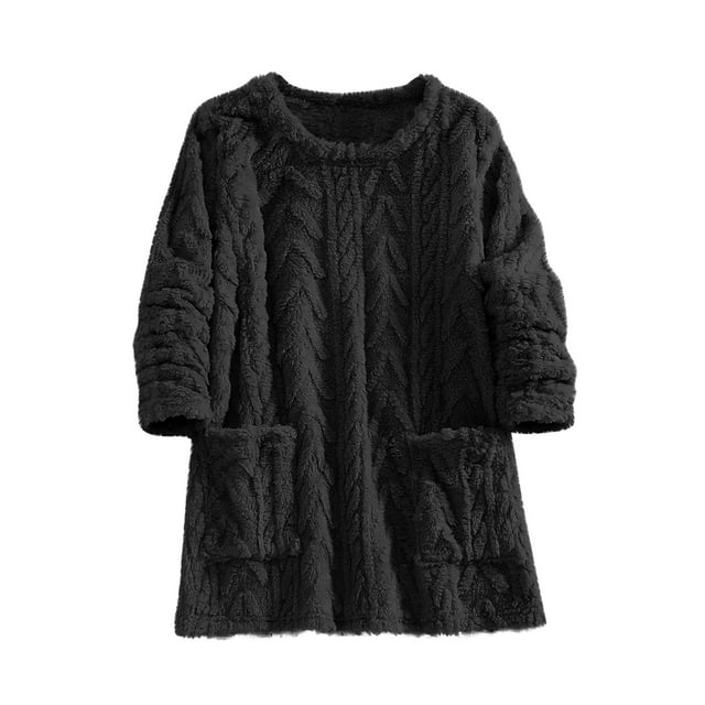 BLVB Chandail Molletonné Chaud en Sherpa pour Femmes, Col Rond, Chandail d'Hiver à Manches Longues, Hauts, Chandails avec Poches