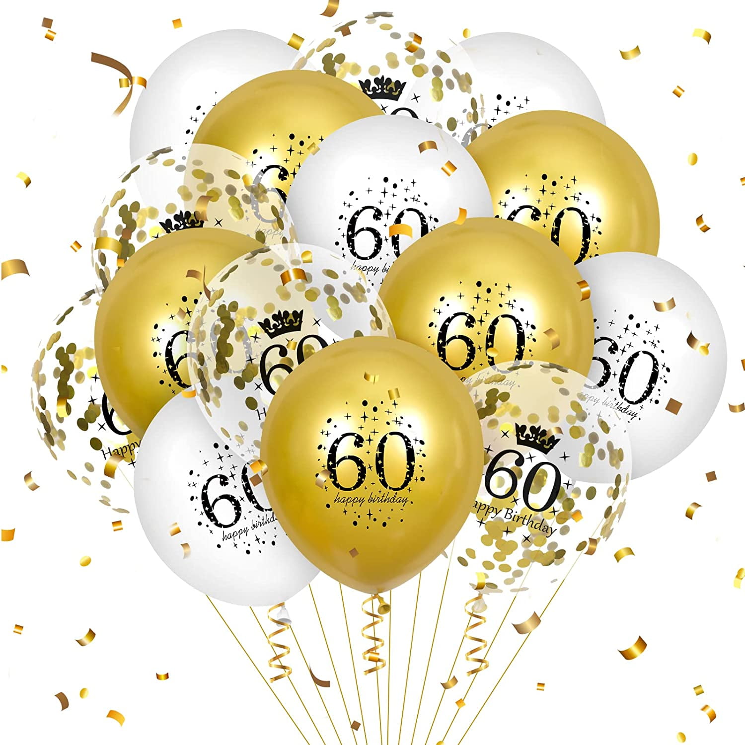 Metallic Gold and White 60th Birthday Balloons with Confetti, 15 Pack ...