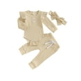 thumbnail image 1 of xiaxaixu Infant Baby Girl Fall Outfit Solid Color Ribbed Long Sleeve Romper Long Pants Bow Headband 3Pcs Set, 1 of 9