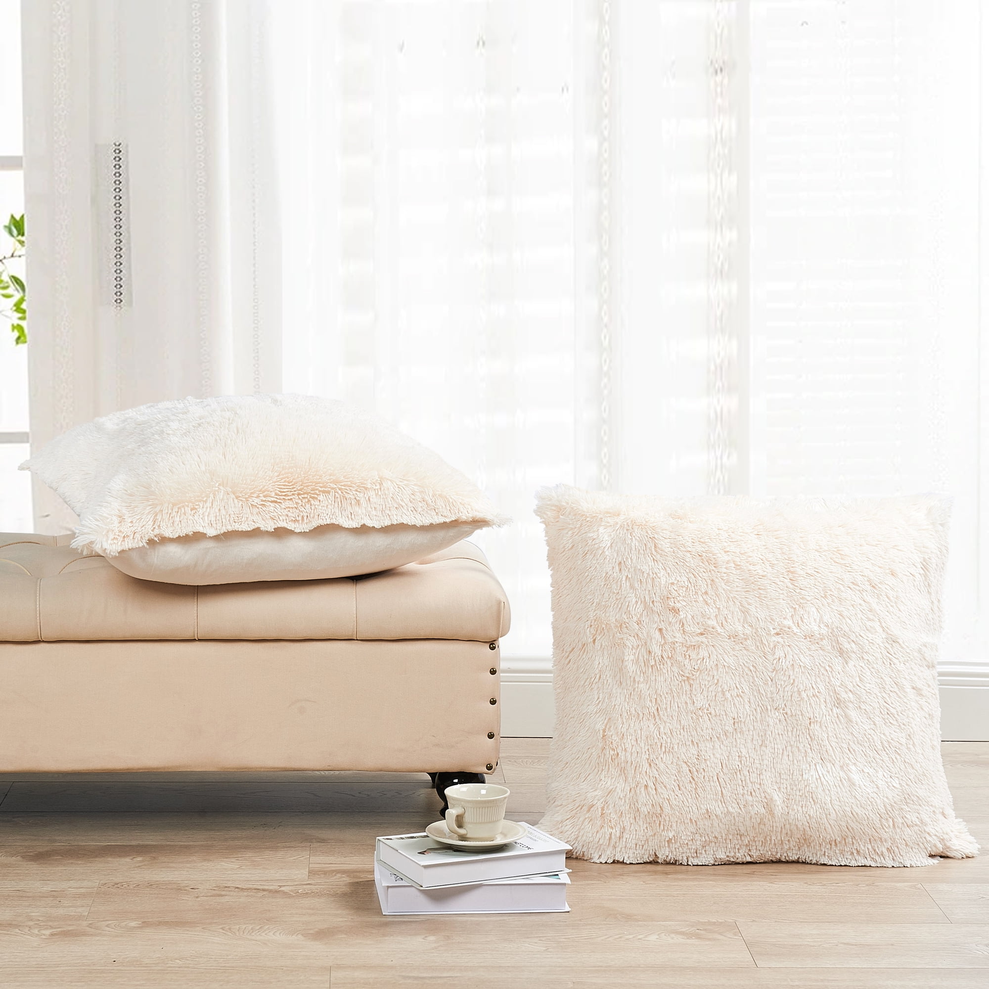 Home Soft Things Luxury Shaggy Faux Fur Throw Pillow Cases, Ultra Soft Plush Pillow Covers Fluffy Decorative Cushion Covers, No Pillow Insert, Set of 2, Ivory, 26x26 Inch
