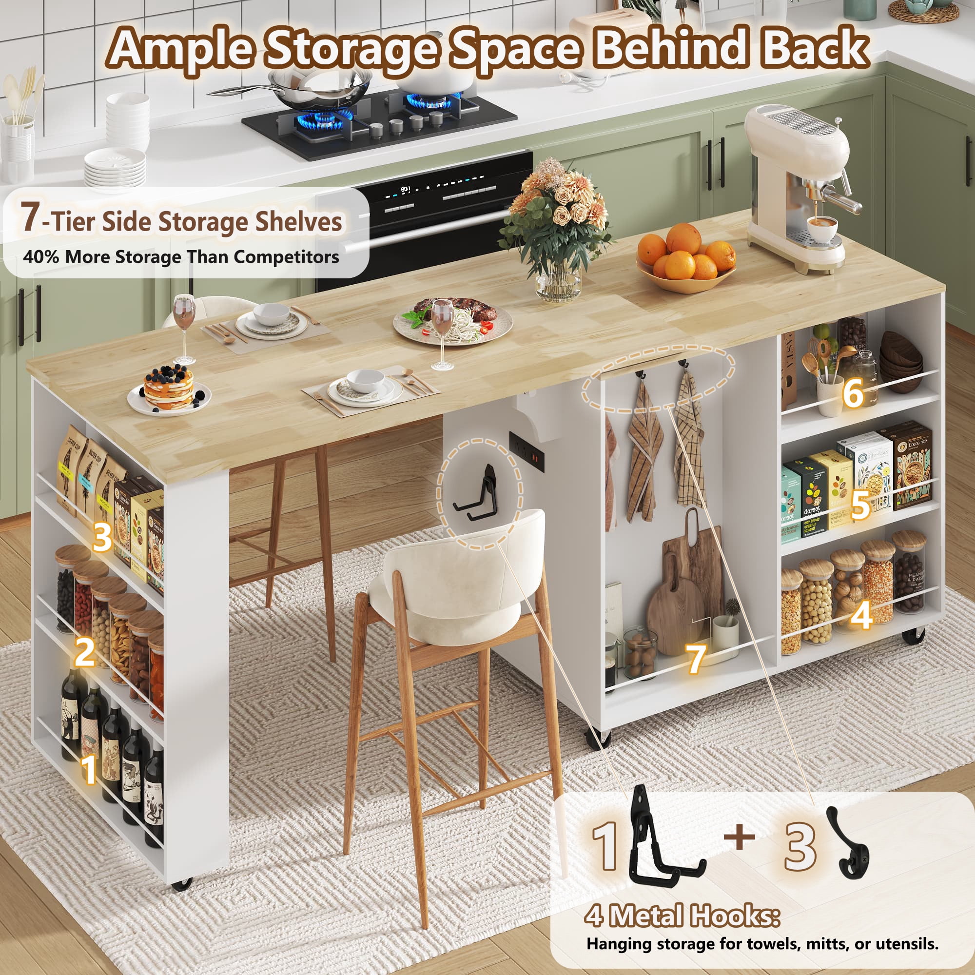 Rolling Kitchen Island with 360° Rotating Extendable Dining Table, 72" Large Island Table with Power Outlet & 7-Tier Spice Racks & Trash Can Storage, Cord Management Hooks