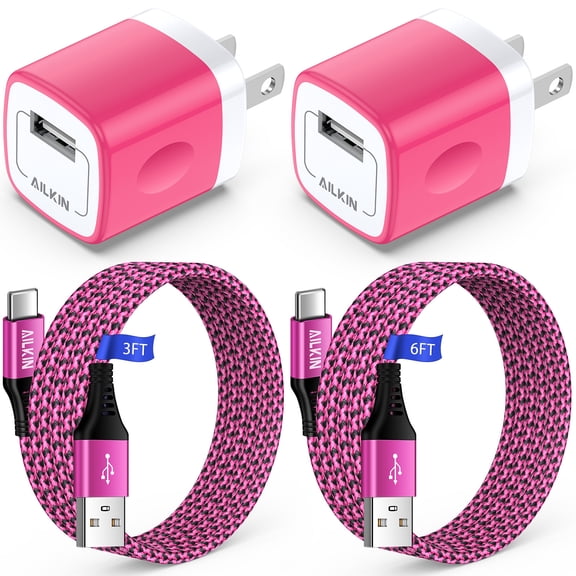Type C Charger Fast Charging,2PACK AILKIN USB Wall Charger Block Type C Usb C Charging Cables 6ft 3ft Charger Block Plug Adapter High Speed Phone Charger Cord Android Fast Charger Block Type C(Rose)