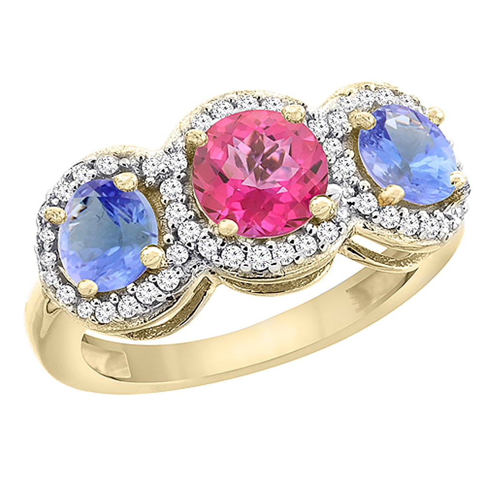 14K Yellow Gold Natural Pink Topaz & Tanzanite Sides Round 3-stone Ring Diamond Accents, size 5 by Gabriella Gold