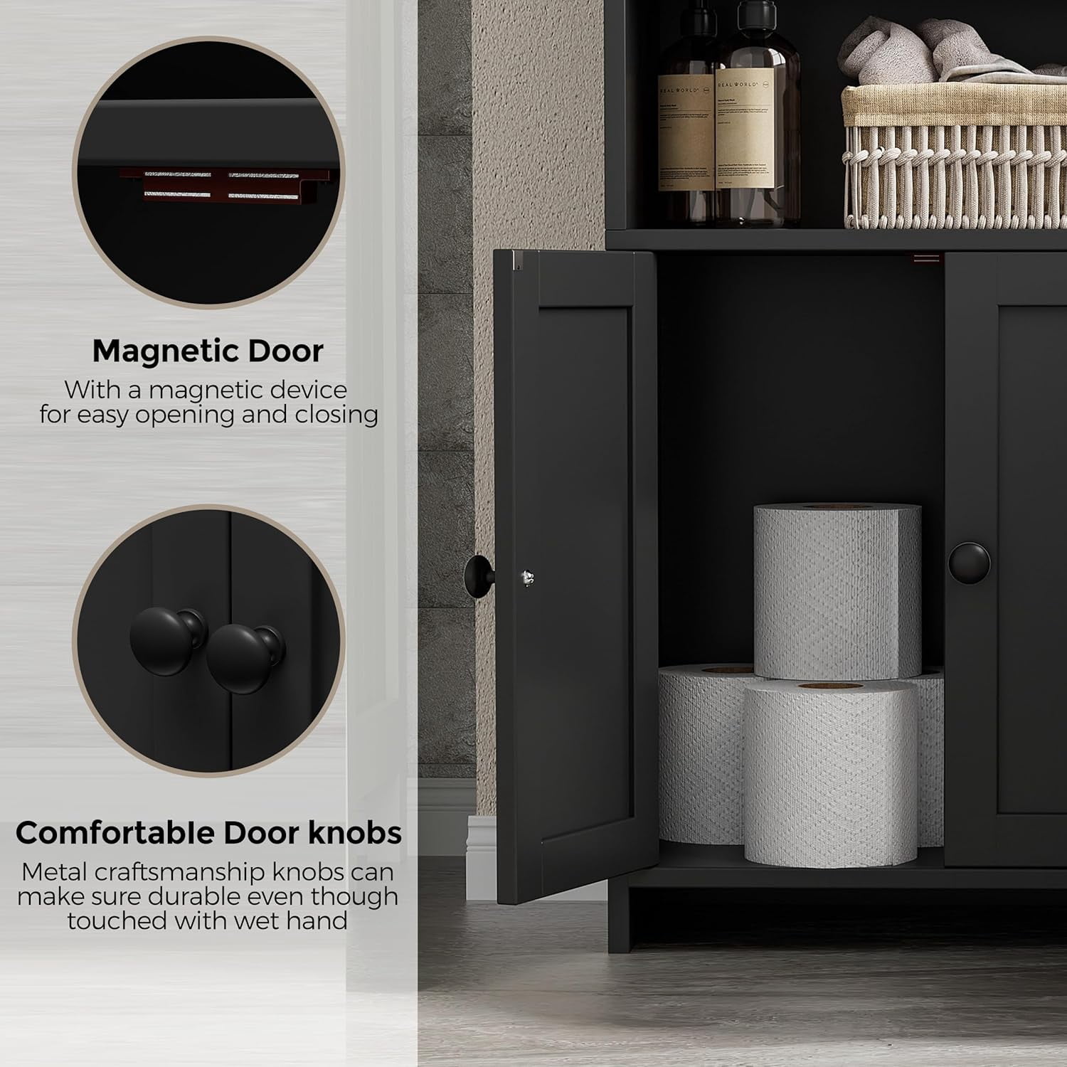 Small Bathroom Storage Cabinet, Freestanding Toilet Paper Storage with 2 Doors and Shelves, Bathroom Organizers and Storage for Small Spaces, Laundry Room, 7.9" D x 14.6" W x 31" H, Black