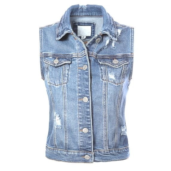 Made by Olivia Women's Classic Sleeveless Distressed Button Down Jean Denim Jacket Vest