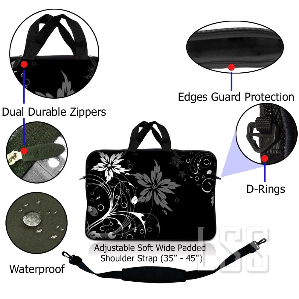 LSS 8-10.2 inch Laptop Sleeve Bag Compatible with Acer, Dell, HP, Sony, MacBook, Carrying Case w/ Handle & Adjustable Strap - Black and White Floral Design