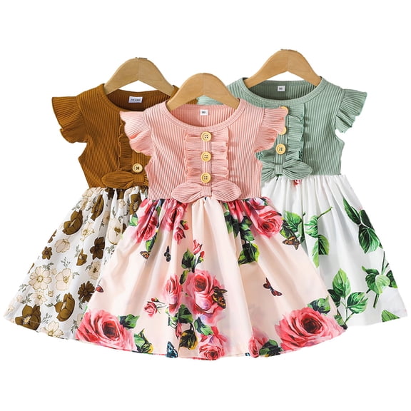 YTDSCS Baby Kids Girls Floral Summer Dress 12 Months - 8 Years Ruffle Sleeve Dresses Fashion Casual Sundresses for Girls