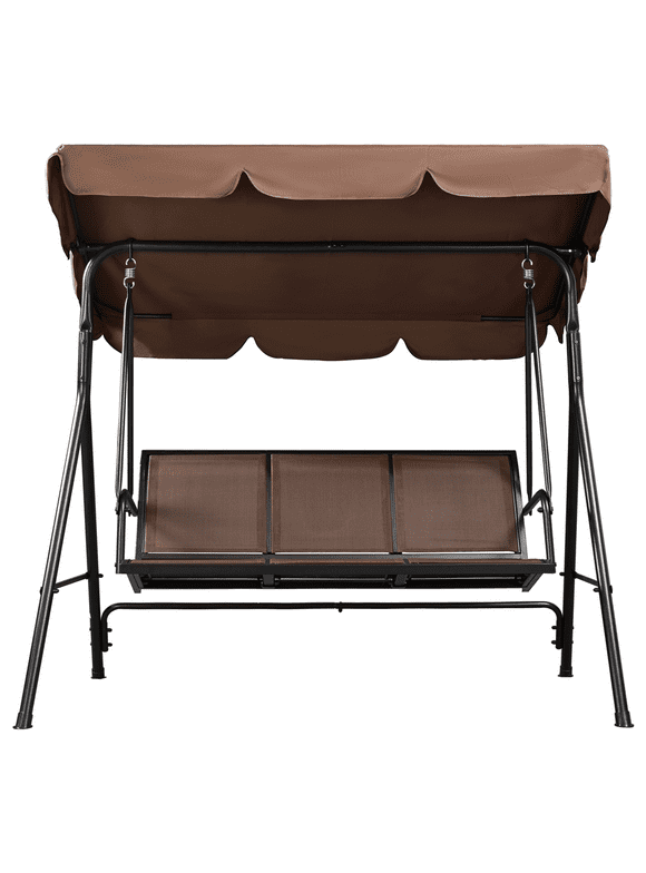 Topeakmart 3-Seat Outdoor Patio Metal Frame Swing Chair with Texteline Fabric Seats/Adjustable Canopy/Armrests Dark Brown