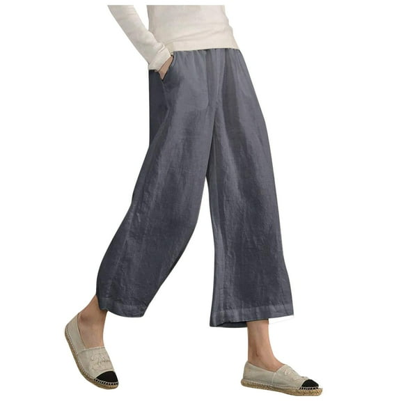 Riforla 2024 Women's Casual Loose Elastic Waist Cotton Trousers Seven Point Wide Leg Pants Summer Pants Grey L