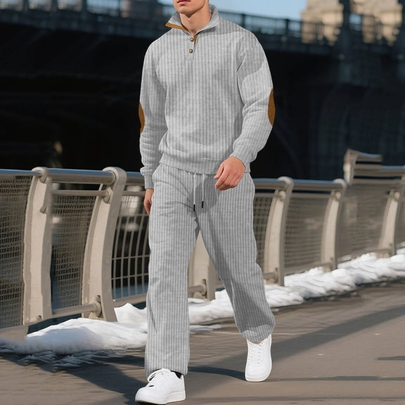 YueHuiYing Man Style Casual Fashion Long Sleeves Button Standing Collar Top Drawstring Waist Long Pants Sets