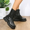thumbnail image 4 of Rokment Mid Calf Combat Boots for Women Black White Leather Classic Leather Platform Chunky Riding Short Booties Black Size 6, 4 of 7