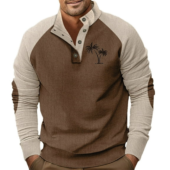 FBMDBB Autumn And Winter Men's Shoulder Sleeve Casual Printing Stand Up Collar Loose Corduroy Colorblocking Sports Sweater Baggy Top