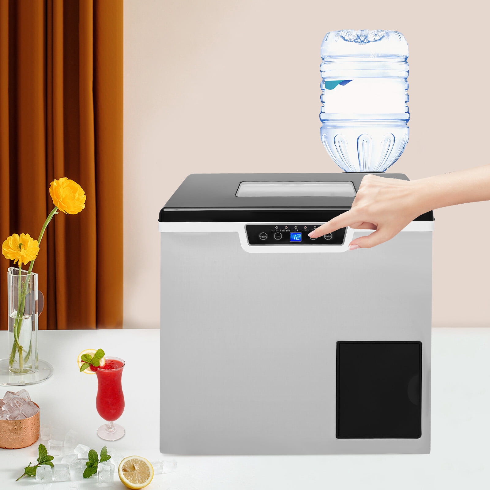 1.8L Self Dispensing Nugget Ice Maker, Countertop, Makes 3.7LB per Hour Used In Milk Tea Shops, Coffee Shops, Offices, Bars