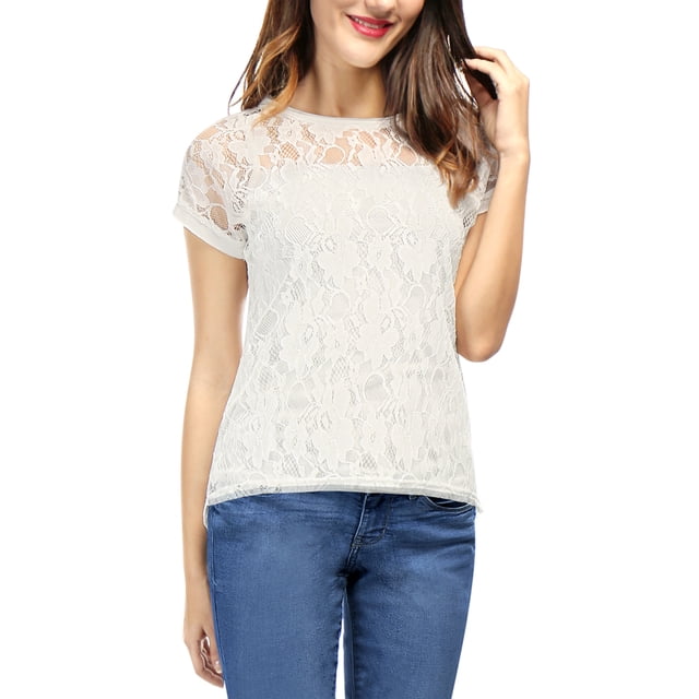 INSPIRE CHIC Top de encaje floral transparente con mangas cortas y dobladillo curvo transparente para mujer blanco L