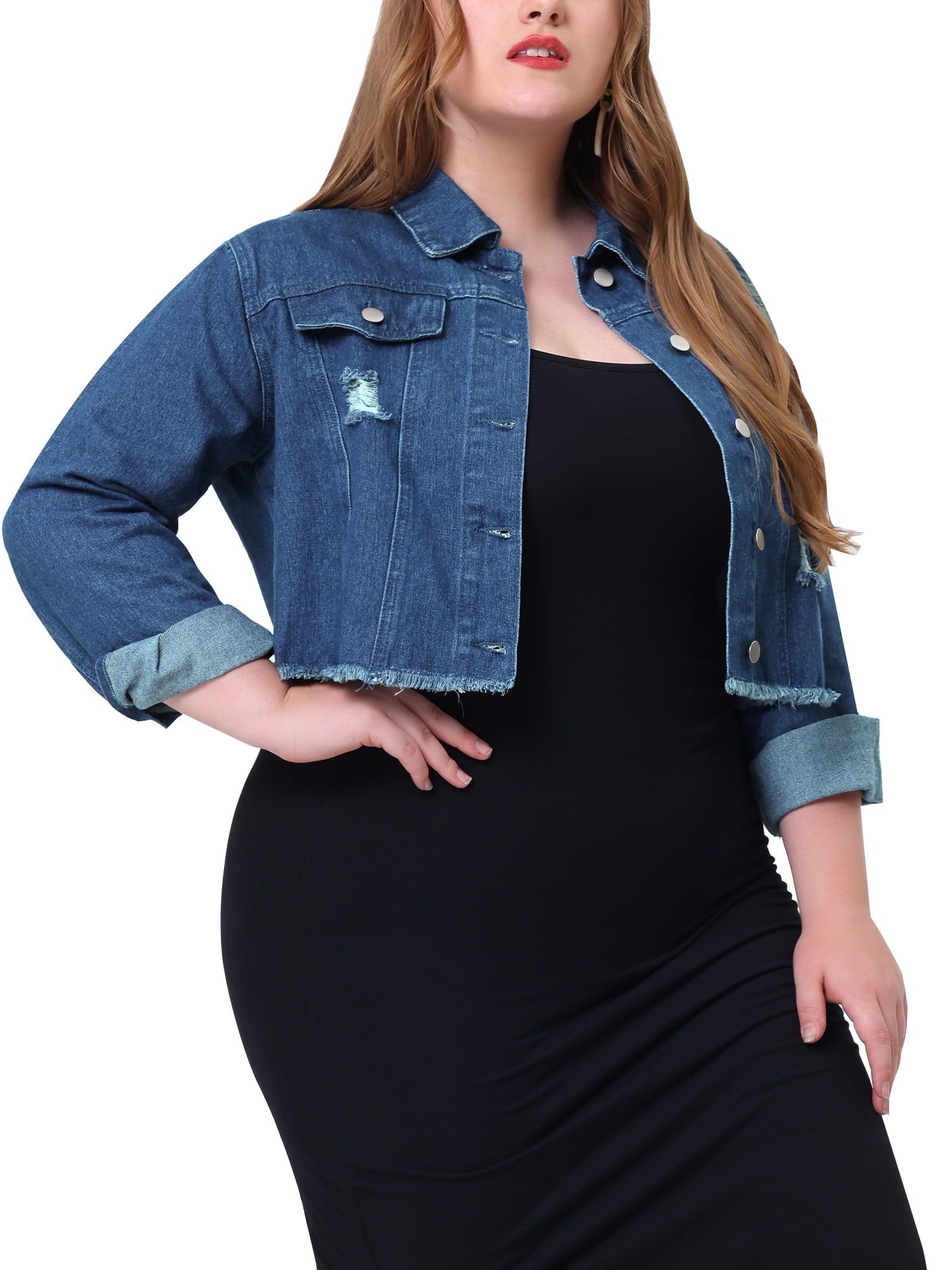 Unique Bargains Women's Plus Washed Cropped Frayed Denim Outerwear Jacket 1X Dark Blue