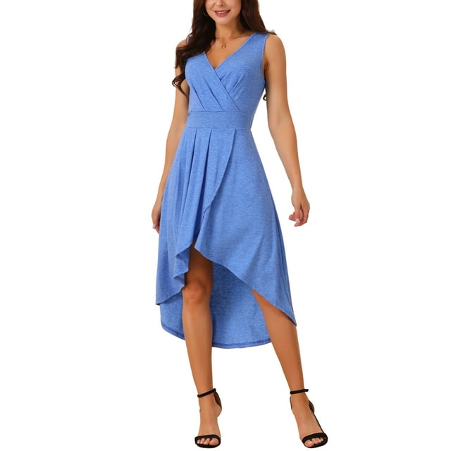 Robes d'Été pour Femmes Sans Manches Débardeur Robe Soleil Portefeuille Col en V Plissée Ourlet Haut-Bas Robe Midi avec Poches G Bleu