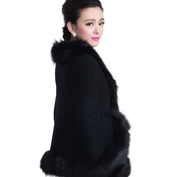 Qarigey Poncho con ribete de piel sintética de algodón Manténgase cómodo y a la moda durante todo el invierno Poncho largo para mujer con Prendas para la parte del cuerpo negro