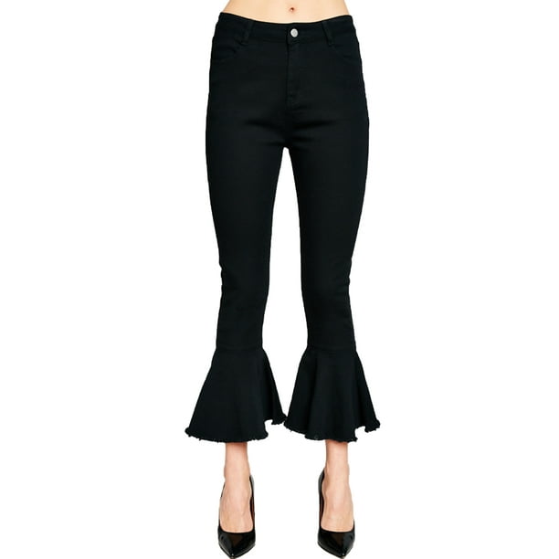 Women's Ripped Frayed Ruffle Hem Denim Jeans Flared Pants - Walmart.com