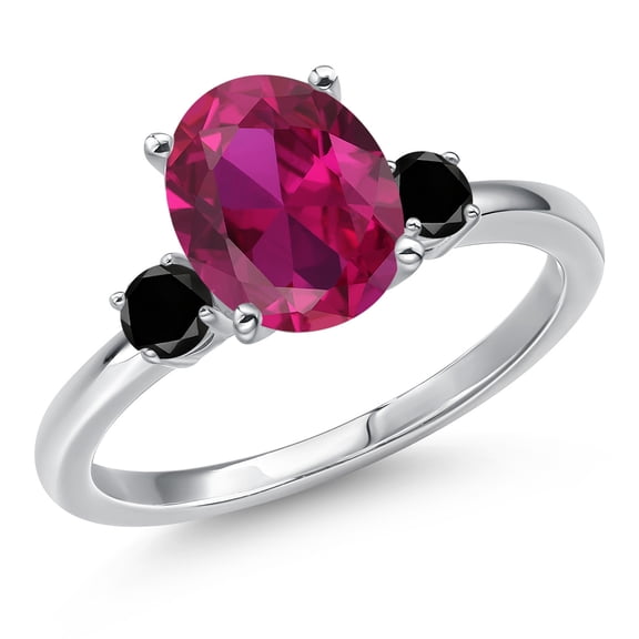 Gem Stone King 14K White Gold Red Created Ruby and Black Diamond Engagement Ring for Women | 3.20 Cttw | Oval 10X8MM | Gemstone July Birthstone | Size 7