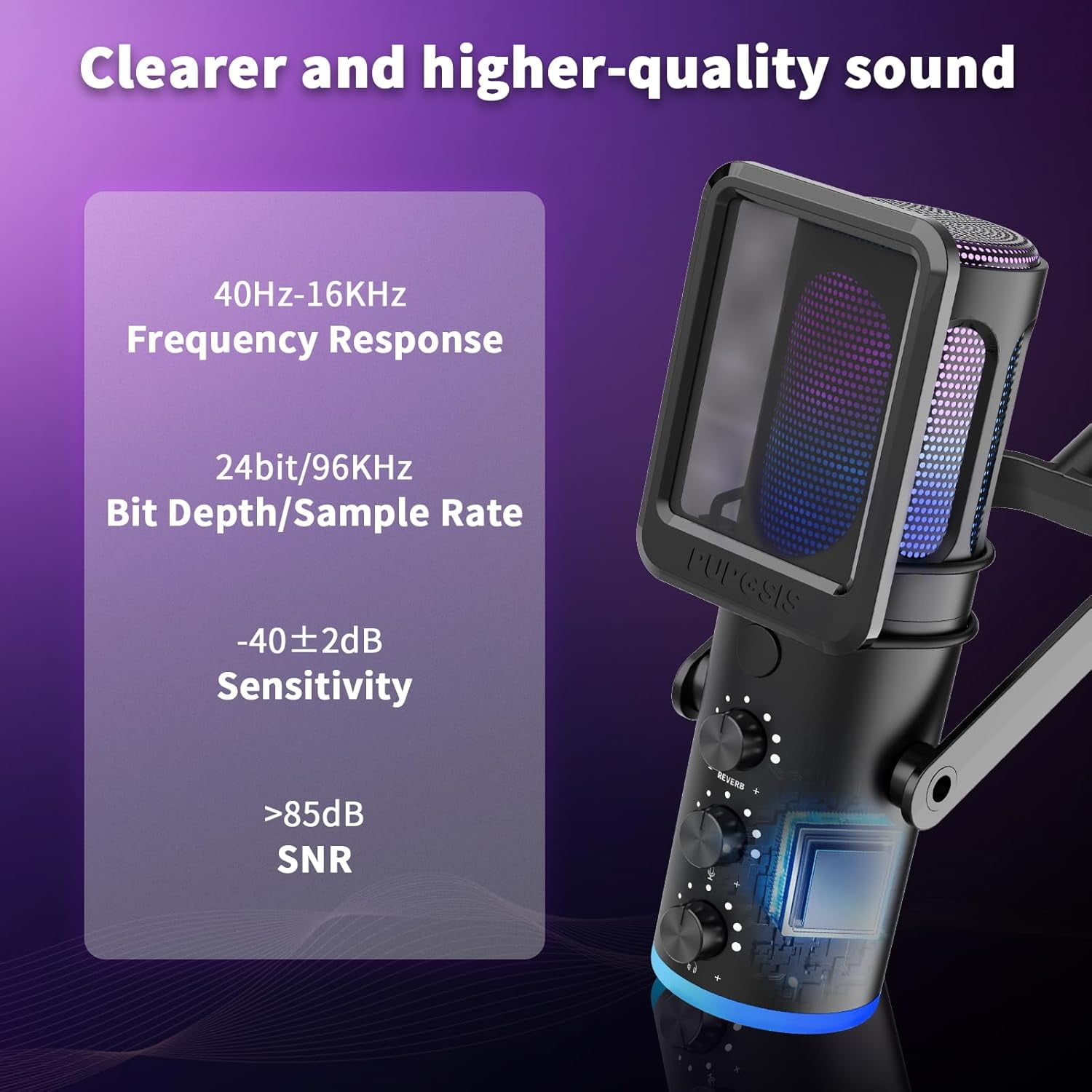 Pupgsis USB Condenser Gaming Microphone with Noise Reduction, Mute, Reverb, Monitor, Adjustable Stand for PC, PS4, PS5, Mac, Podcasting