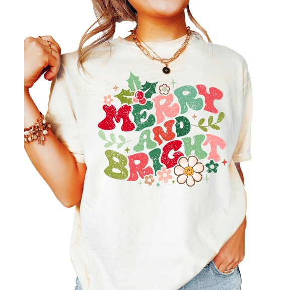 Distressed Merry and Bright Christmas Shirt for Women and Teens Girly Winter Holiday Tee Ivory Shirt Adult Large