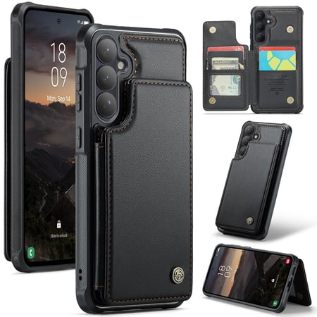 For Samsung Galaxy S26 Plus Case with Card Holder, Wallet Flip Cover Case with RFID Blocking, Durable Leather Kickstand Magnetic Clasp Shockproof Phone Case for Women Men,Black