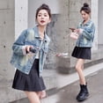 thumbnail image 4 of Spring new Chinese style G trendy embroidered retro distressed short denim jacket Blue 2XL, 4 of 11