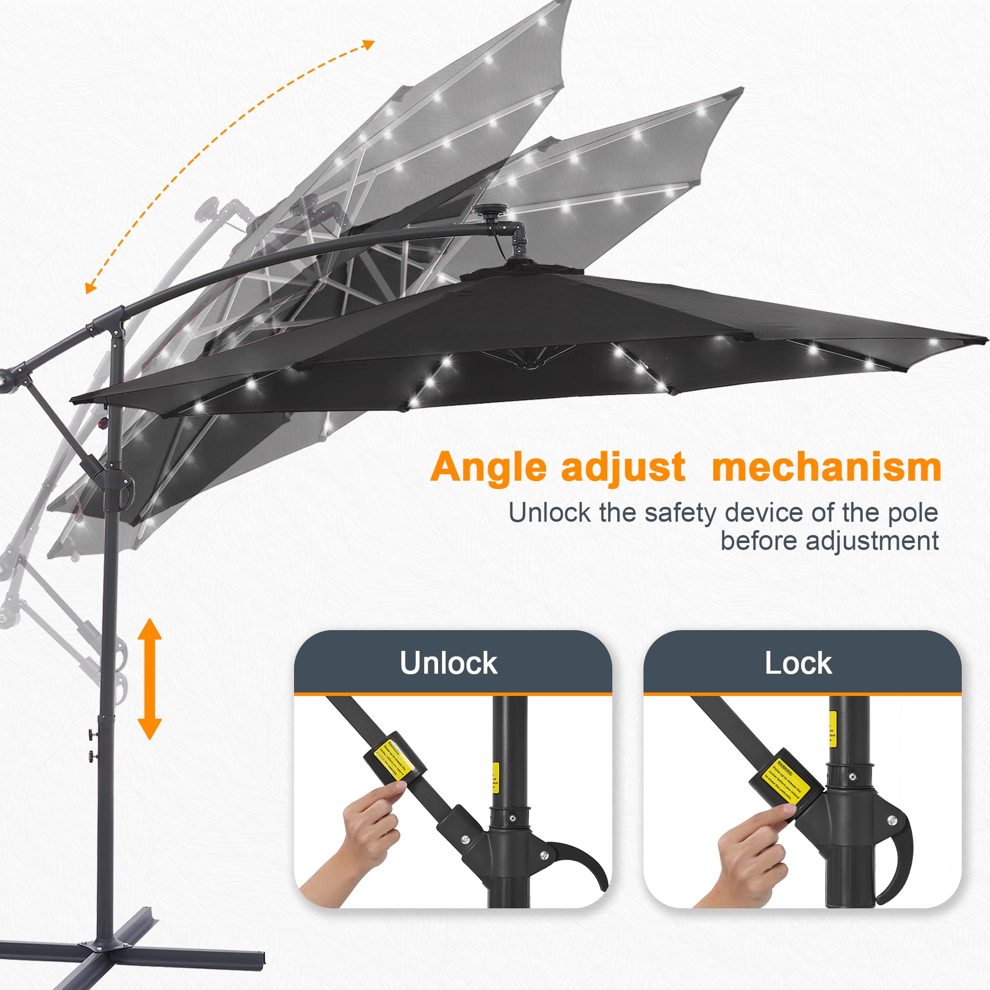 ACEGOSES 10ft 32 LED Outdoor Patio Offset Umbrella, Solar Lighted Hanging Umbrella with 8 Ribs for Desk,Garden,Yard,Black